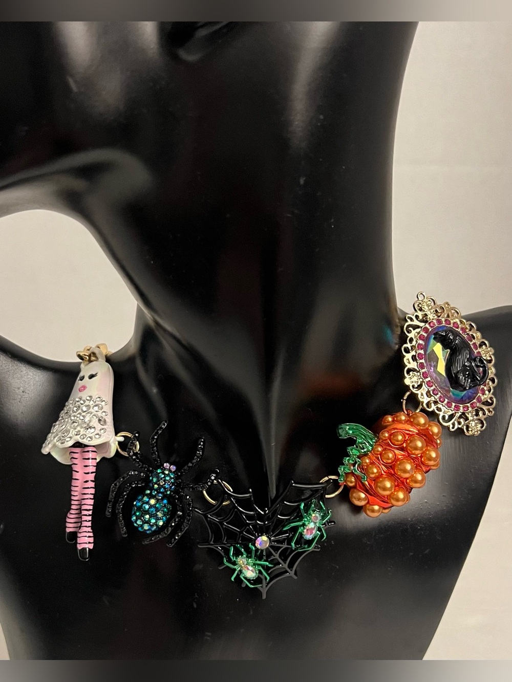 Betsey Johnson Halloween Statement Necklace with Pumpkin, Spider & Ghost Charms - Picture 7 of 16